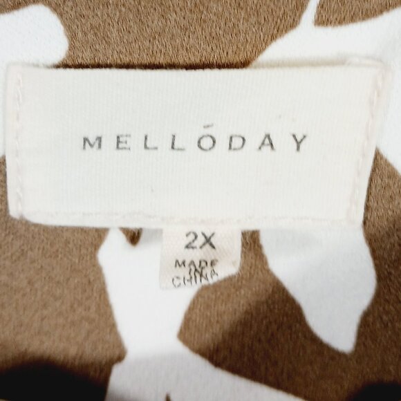 Melloday, Women's 2X Floral Print Top, Short Sleeve, Tan & White, 1/4 Zip Back - Picture 2 of 12